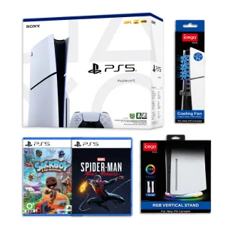 【SONY 索尼】PS5光碟版Slim主機+PS5遊戲2片+散熱風扇+炫光直立架(送手把包)
