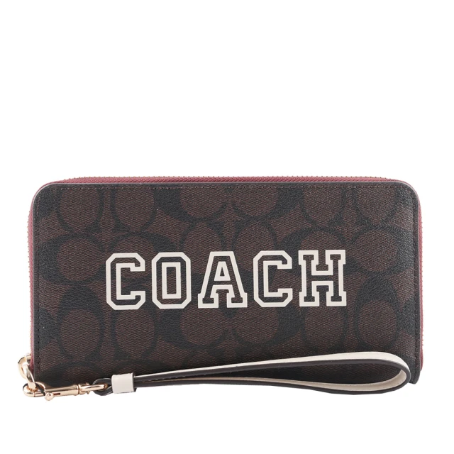 COACH Varsity 標誌塗層帆布附可拆提把長夾(巧克力色/白色)