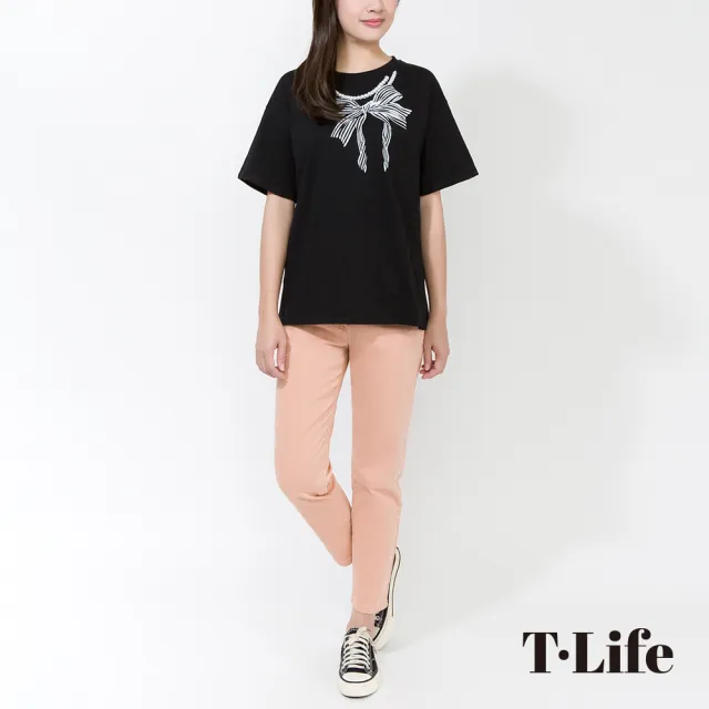 【T.Life】高雅珍珠蝴蝶結設計造型短袖T恤(2色)