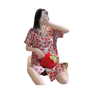 【AMIE 艾米韓系】現貨韓國進口仿真絲草莓造型睡衣居家服(共1色)