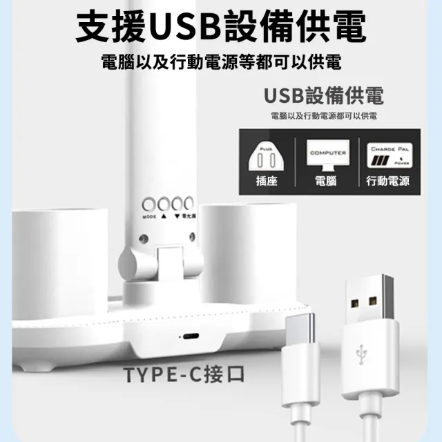 【YOLU】雙筆筒LED折疊風扇時鐘檯燈 充電式觸控親子共讀檯燈 四燈管智能型調光式桌燈(LED燈 檯燈 觸控燈)