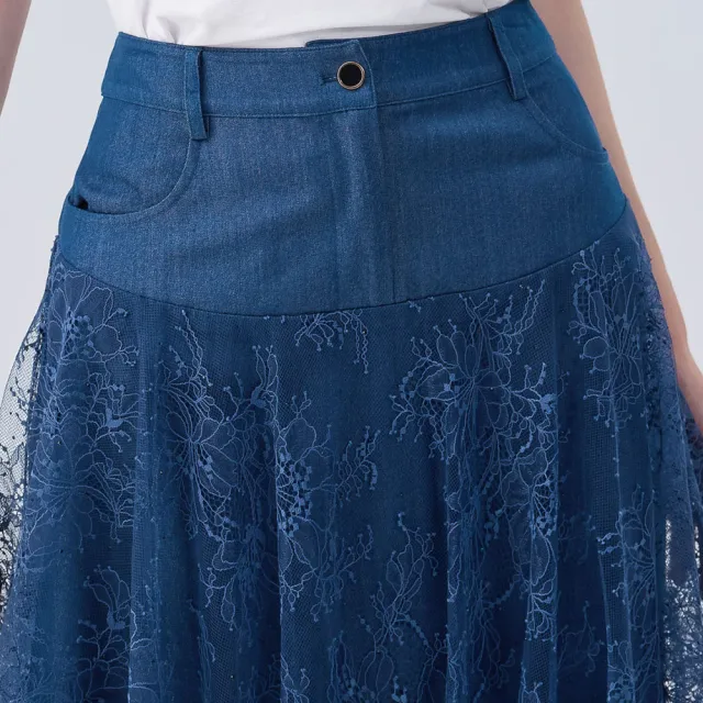 【ILEY 伊蕾】蕾絲拼接網紗感仿牛仔裙(藍色；M-XL；1242538210)