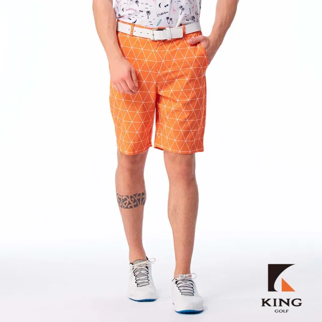【KING GOLF】實體同步款-男款素色滿版菱格紋線條印花修身彈性休閒短褲/高爾夫球短褲(橘色)