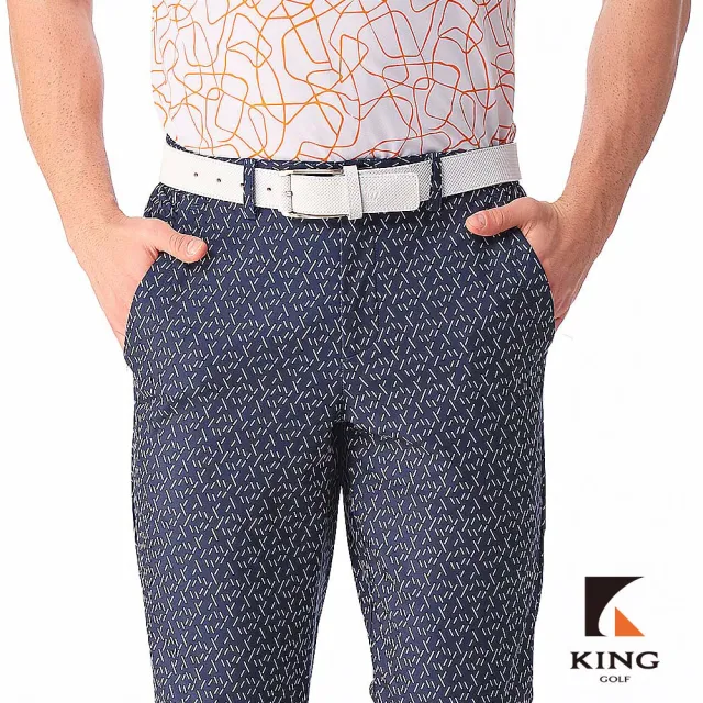 【KING GOLF】實體同步款-男款素色滿版斜格紋線條印花修身彈性休閒長褲/高爾夫球長褲(丈青)