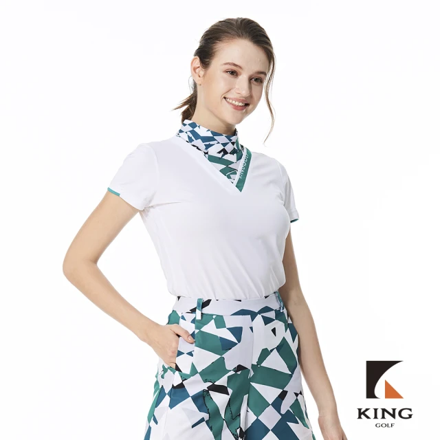 KING GOLF 實體同步款-女款幾何絲巾領印花剪裁設計透氣涼感小立領開襟短袖POLO衫/高爾夫球衫(白色)