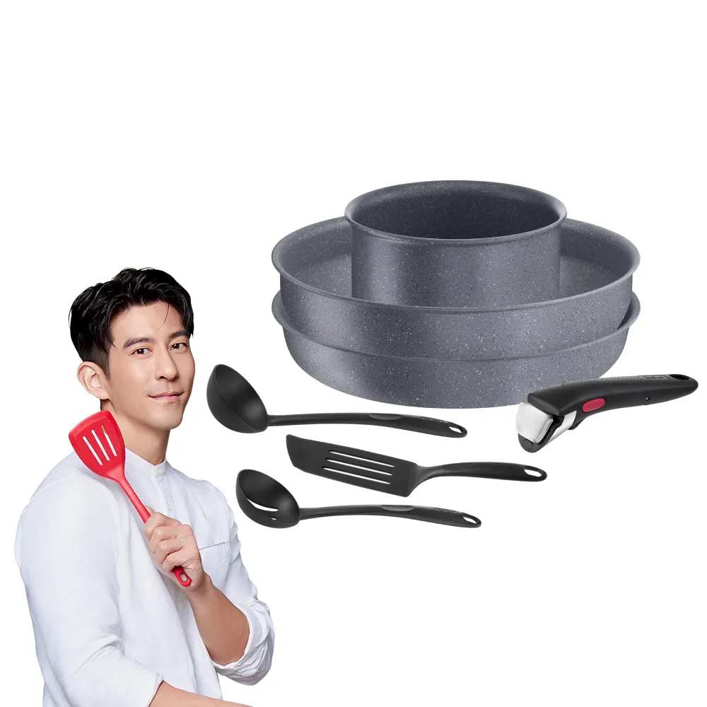 【Tefal 特福】法國製巧變精靈系列可拆式不沾鍋7件組-暖木岩燒(IH爐可用鍋)