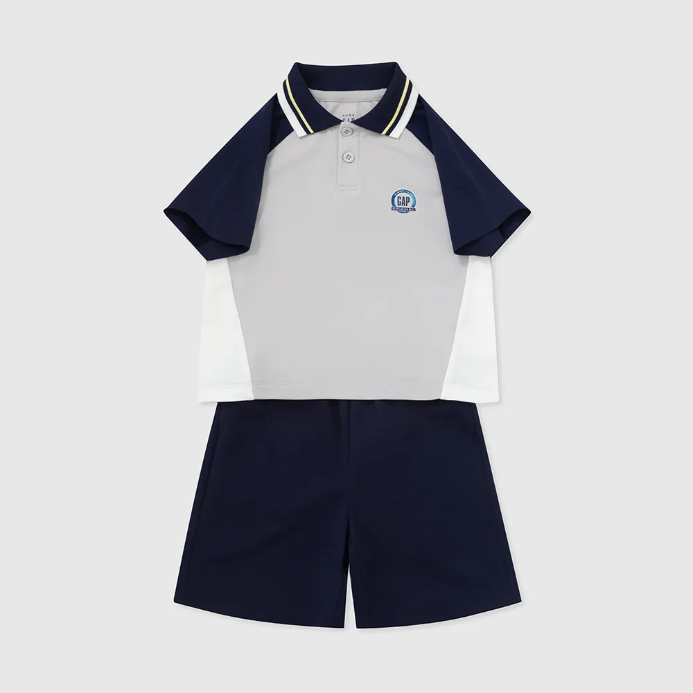 【GAP】男幼童裝 Logo印花短袖短褲家居套裝-藍灰組合(890265)