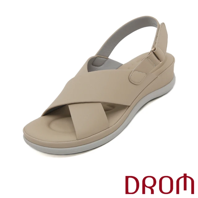 DROM 坡跟涼鞋 厚底涼鞋 交叉涼鞋/純色寬版交叉設計坡跟厚底涼鞋(杏)