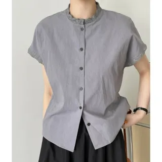 【UniStyle】日系短袖襯衫 韓版蕾絲拼接純色顯瘦上衣 女 WT2571(灰藍)
