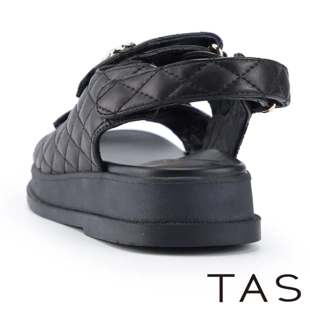【TAS】珍珠飾釦菱格縫線真皮厚底涼鞋(黑色)