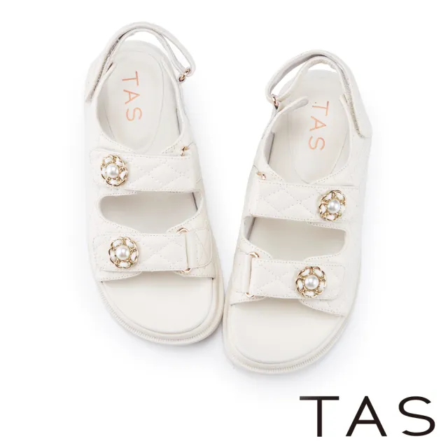 【TAS】珍珠飾釦菱格縫線真皮厚底涼鞋(米白)