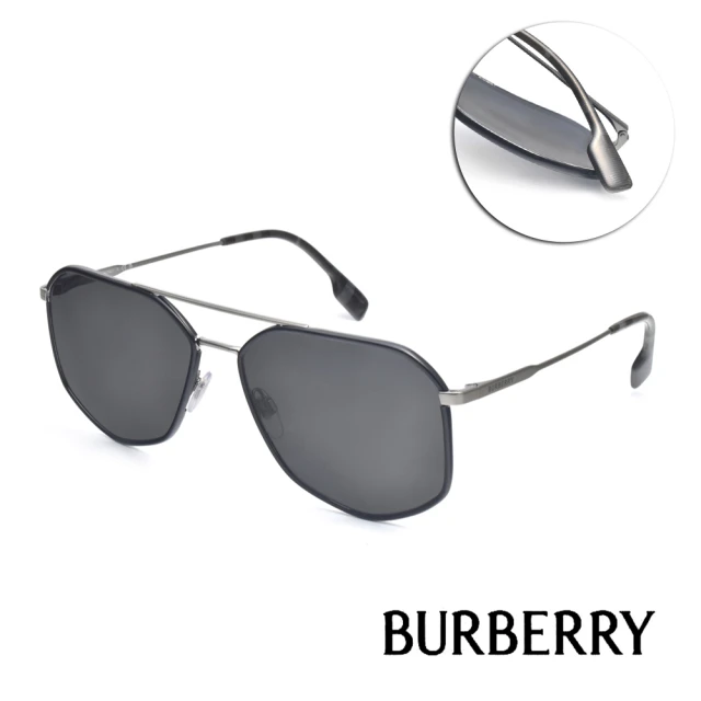 【BURBERRY 巴寶莉】雙槓多邊框飛官款 太陽眼鏡(黑 鐵灰 灰鏡片#B3139 114487)