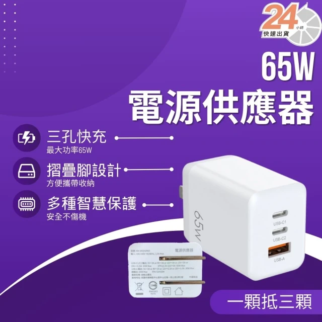 KM企業社 65W GaN氮化鎵三孔USB-C快充充電器(支援iphone15快充/三孔-1USBA2C)