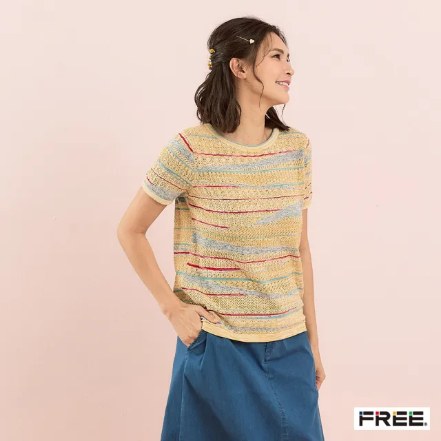 【FREE】有機棉洞織波浪蕾絲針織衫(酪黃)