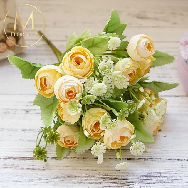 【Floral M】法式花園黃色圓葉小玫瑰花束仿真花花材 （1入組）(人造花/塑膠花/假花/裝飾花)