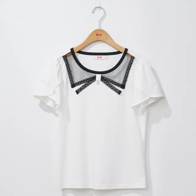【H2O】蝴蝶結領上衣(#4671021 黑白短袖上衣 黑色/白色)