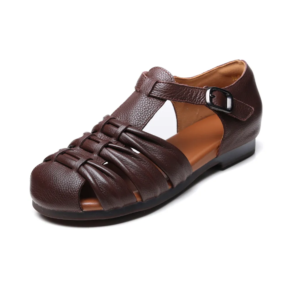 【Vecchio】真皮涼鞋 低跟涼鞋/真皮頭層牛皮手工編織舒適軟底低跟涼鞋(棕)