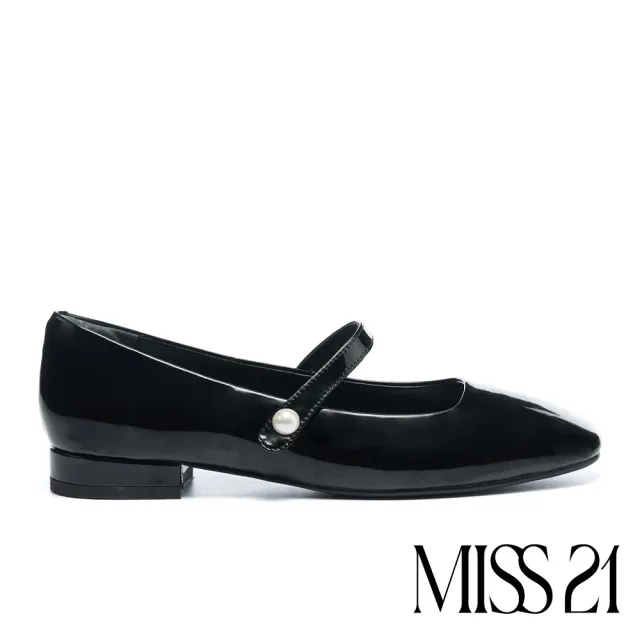 【MISS 21】時髦質感漆皮珍珠繫帶方頭瑪莉珍低跟鞋(黑)