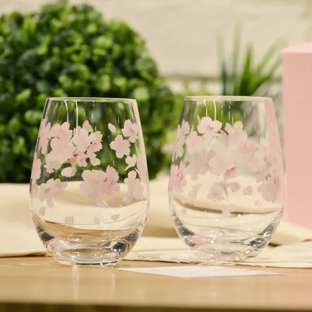 【YU Living 信歐傢居】日本進口 佐佐木櫻花對杯禮盒組 360ml/個(二件一組/粉色櫻花/玻璃杯組 禮盒包裝)