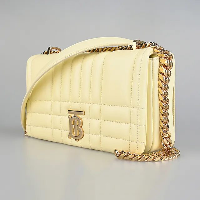 【BURBERRY 巴寶莉】BURBERRY LOLA立體金字 LOGO格紋縫線設計羔羊皮鏈帶磁扣肩背斜背包(小/奶油黃)
