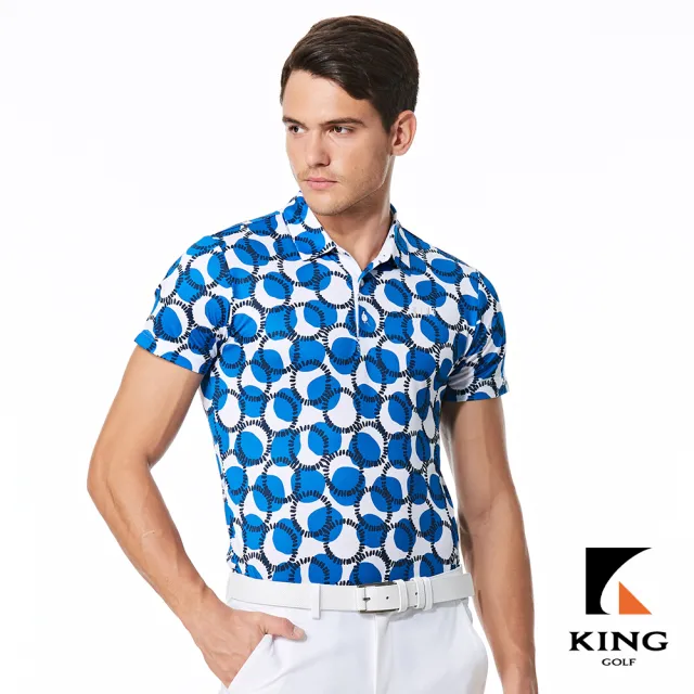 【KING GOLF】實體同步款-趣味圓圈滿版印花燙印LOGO透氣涼感開襟短袖POLO衫/高爾夫球衫(藍色)