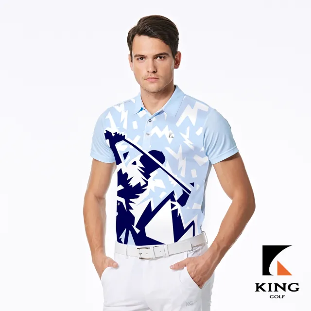 【KING GOLF】實體同步款-男款高爾夫插畫設計印花燙印LOGO透氣涼感開襟短袖POLO衫/高爾夫球衫(藍色)