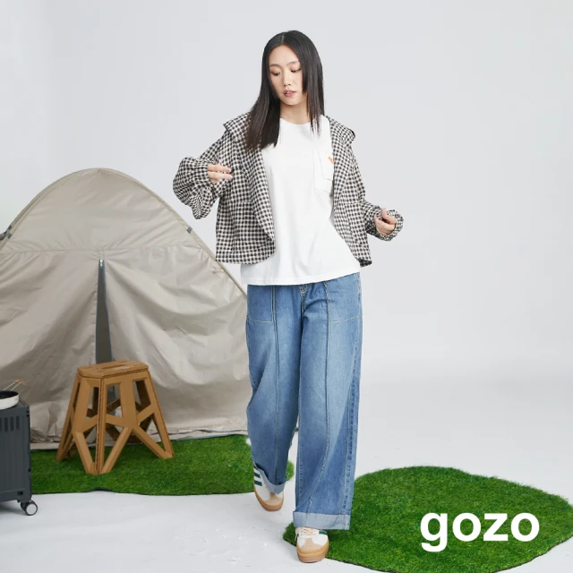 gozo 復古皺皺格紋圓弧連帽防曬外套(兩色)