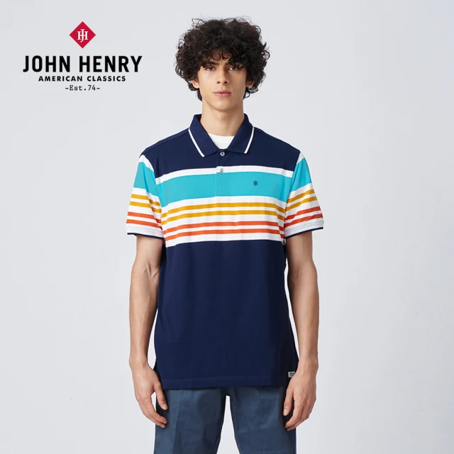 JOHN HENRYJOHN HENRY VINTAGE條紋配色POLO衫-深藍