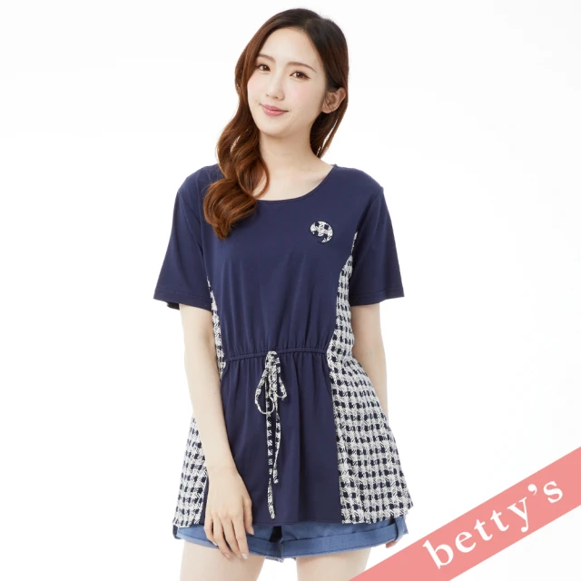 betty’s 貝蒂思 特色格紋拼接腰間綁帶長版T-shirt(深藍)