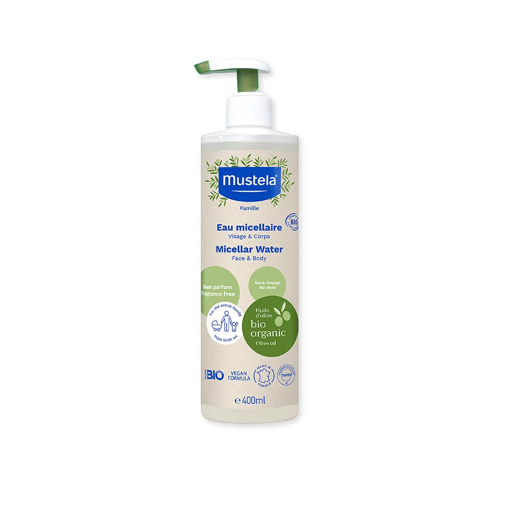 【Mustela 慕之恬廊】有機好橄潔膚水400ml(無香 寶寶/成人/孕婦 外出 溫和清潔 歐盟ECOCERT+法國BIO認證)