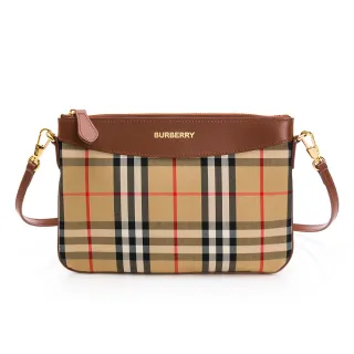 【BURBERRY 巴寶莉】Peyton經典格紋帆布牛皮拼接手拿/斜背包(棕色)