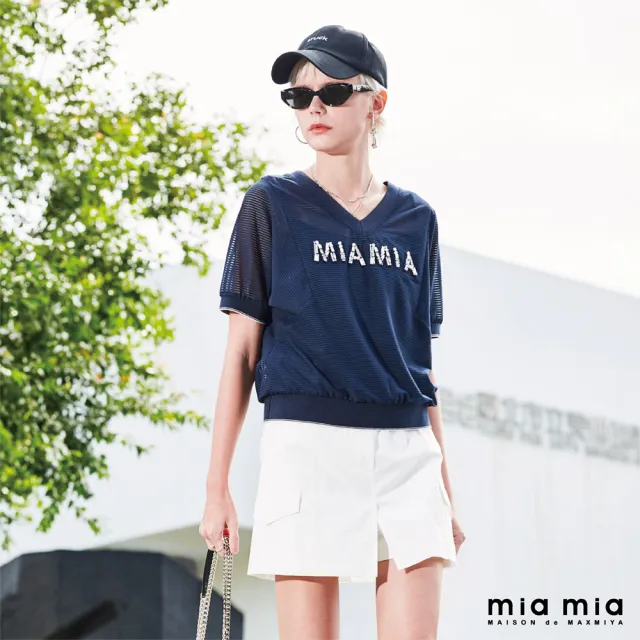 【mia mia】MIA鑽飾條紋網紗上衣