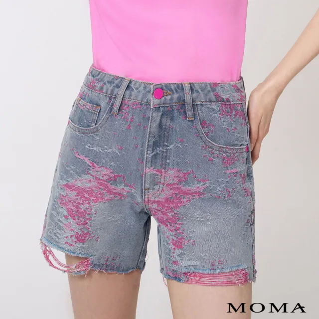 【MOMA】微甜桃色刺繡牛仔短褲(藍色)
