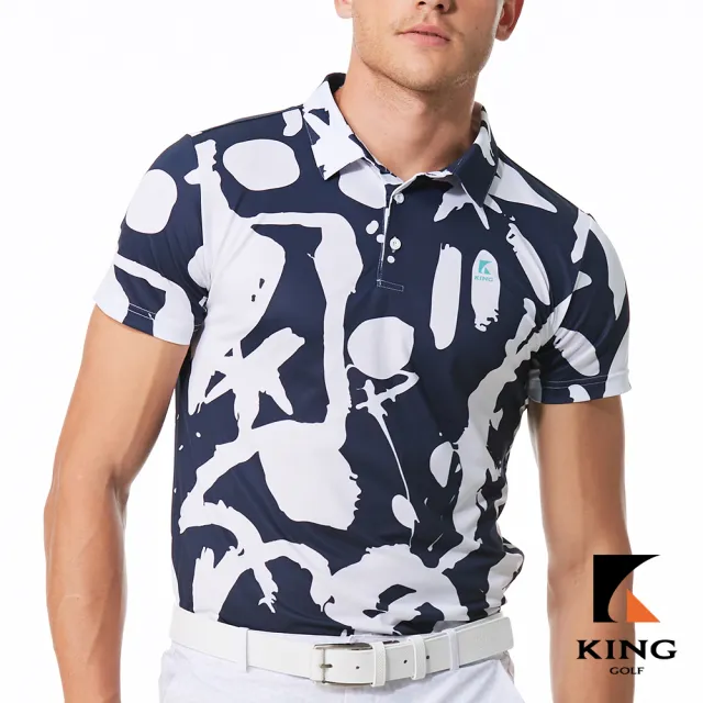 【KING GOLF】實體同步款-男款隨性潑灑筆刷印花燙印LOGO透氣涼感開襟短袖POLO衫/高爾夫球衫(丈青色)