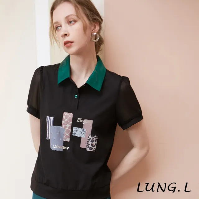 【LUNG.L 林佳樺】LP07A黑色搭配綠色領片短袖女裝上衣(春夏新品)