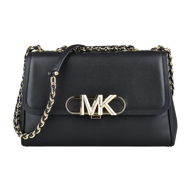 Michael Kors MK MICHAEL KORS PARKER金字LOGO編織鍊帶設計釦式牛皮帶翻蓋肩背斜背包(特大/黑)