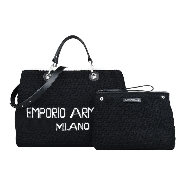 EMPORIO ARMANI EMPORIO ARMANI MY EA白字LOGO釦式手提斜背針織羊毛子母托特包(黑)