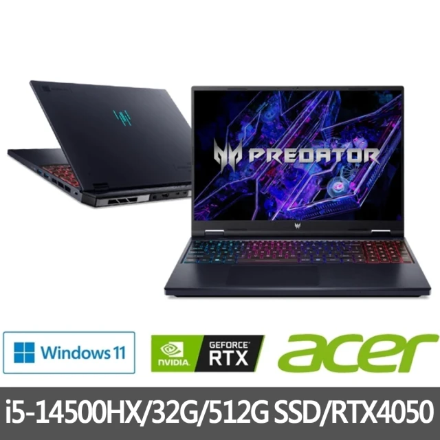 Acer 宏碁 特仕版 16吋電競筆電(Predator/PHN16-72-51ME/i5-14500HX/16G+16G/512G SSD/RTX4050/Win11)