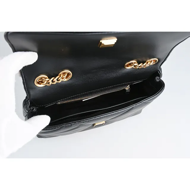 【TORY BURCH】KIRA仿舊金字LOGO菱格紋絎縫鏈帶肩背斜背包(黑)