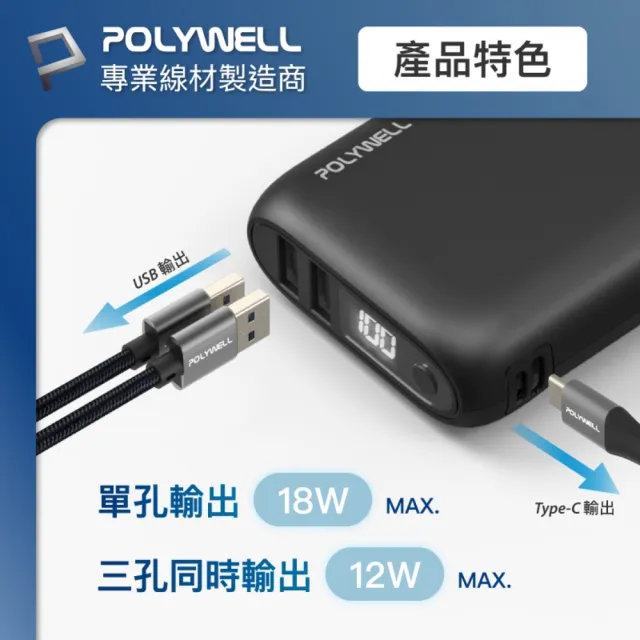 【POLYWELL】WP942P 18W雙向快充行動電源 /1萬毫安+ Type-C To C 極短快充線組