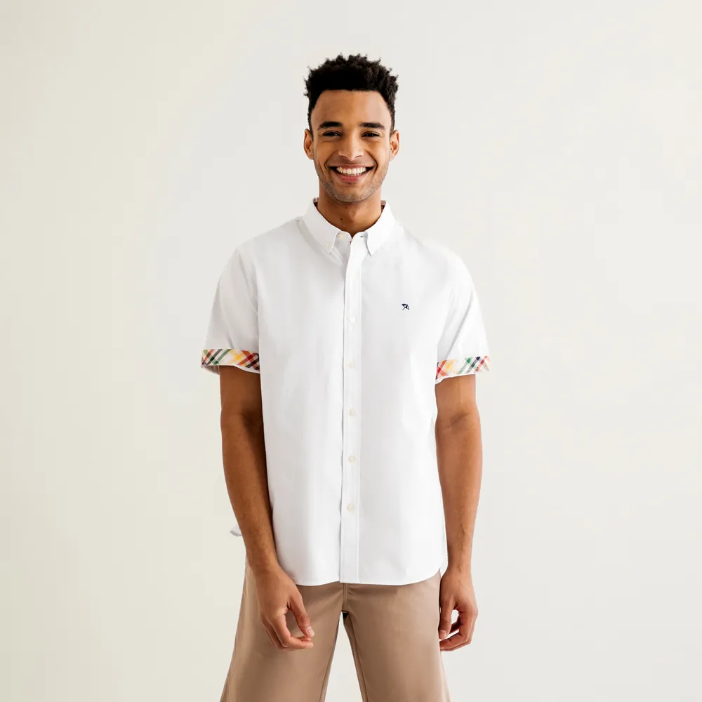 【Arnold Palmer 雨傘】男裝-經典格紋滾邊短袖襯衫(白色)