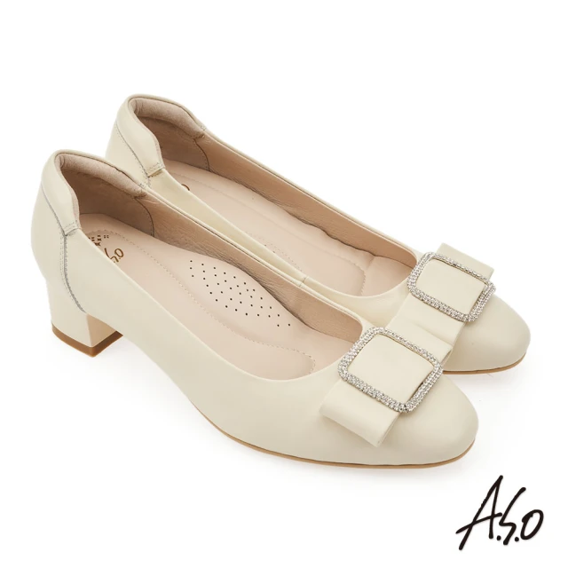 A.S.O 阿瘦集團 A.S.O窩心系列低奢鑽飾圓頭低跟鞋(米色)