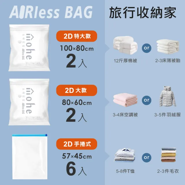 【mohe 木暉居家】10件組2D彈蓋免抽氣壓縮袋AIRless BAG(獨家花色 棉被收納袋 旅行真空袋 換季收納)
