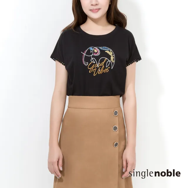 【SingleNoble 獨身貴族】祈福大象刺繡圖樣造型短袖T恤(2色)