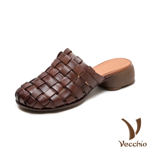 Vecchio 真皮拖鞋 粗跟拖鞋/全真皮頭層牛皮手工編織復古擦色包頭粗跟拖鞋(咖)