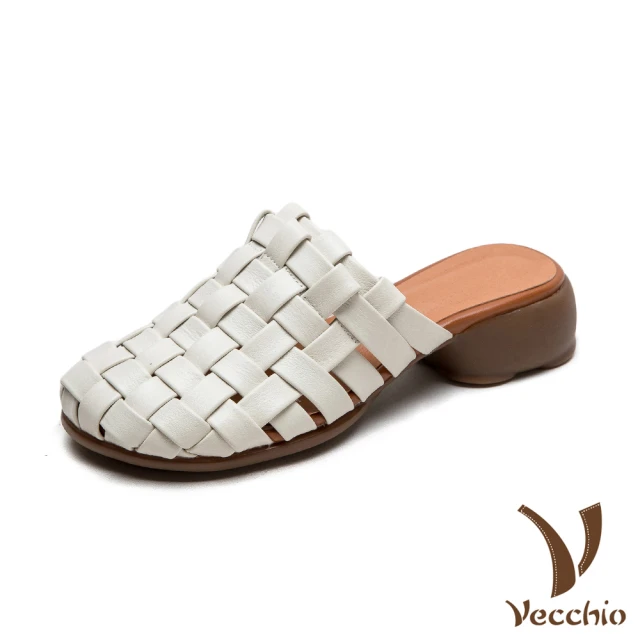 Vecchio 真皮拖鞋 粗跟拖鞋/全真皮頭層牛皮手工編織復古擦色包頭粗跟拖鞋(米)