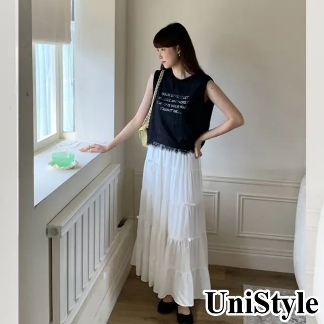 【UniStyle】假兩件無袖上衣 韓版蕾絲拼接字母印花  女 EAN014A(黑)