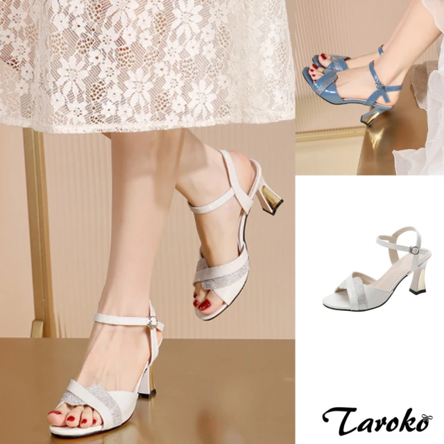 【Taroko】清涼夏季漆皮水鑽一字扣圓頭細高跟涼鞋(2色可選)