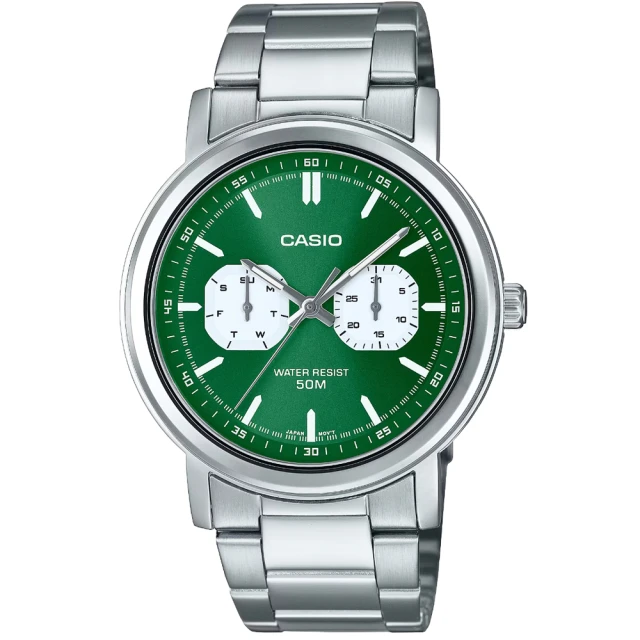 CASIO 卡西歐 卡西歐大錶徑石英鋼帶男錶-綠(MTP-E335D-3E 台灣公司貨)