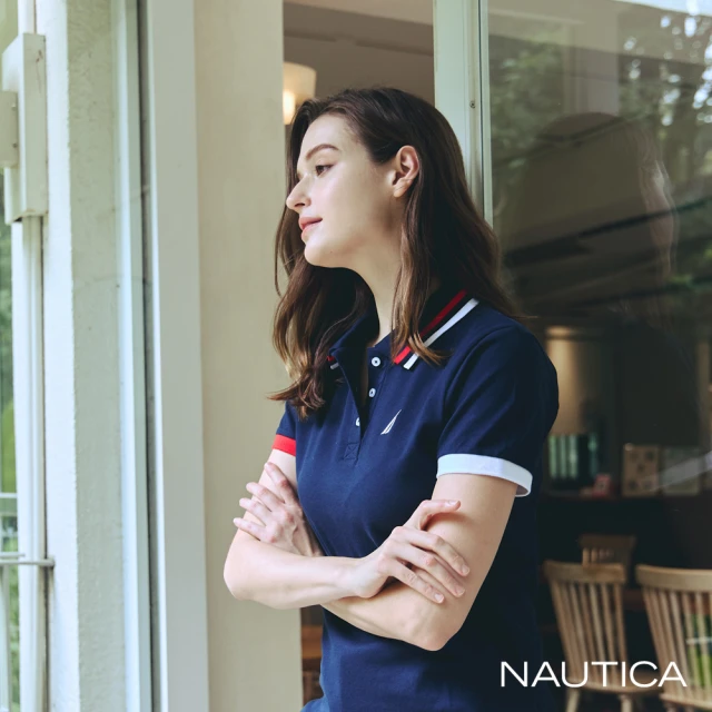 【NAUTICA】女裝 經典帆船刺繡撞色短袖POLO衫(深藍色)